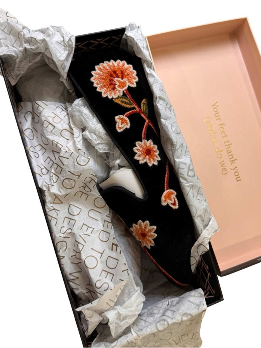 Birdies Black Velvet Slip-On Loafers with Orange Floral Embroidery - Picture 2 of 10